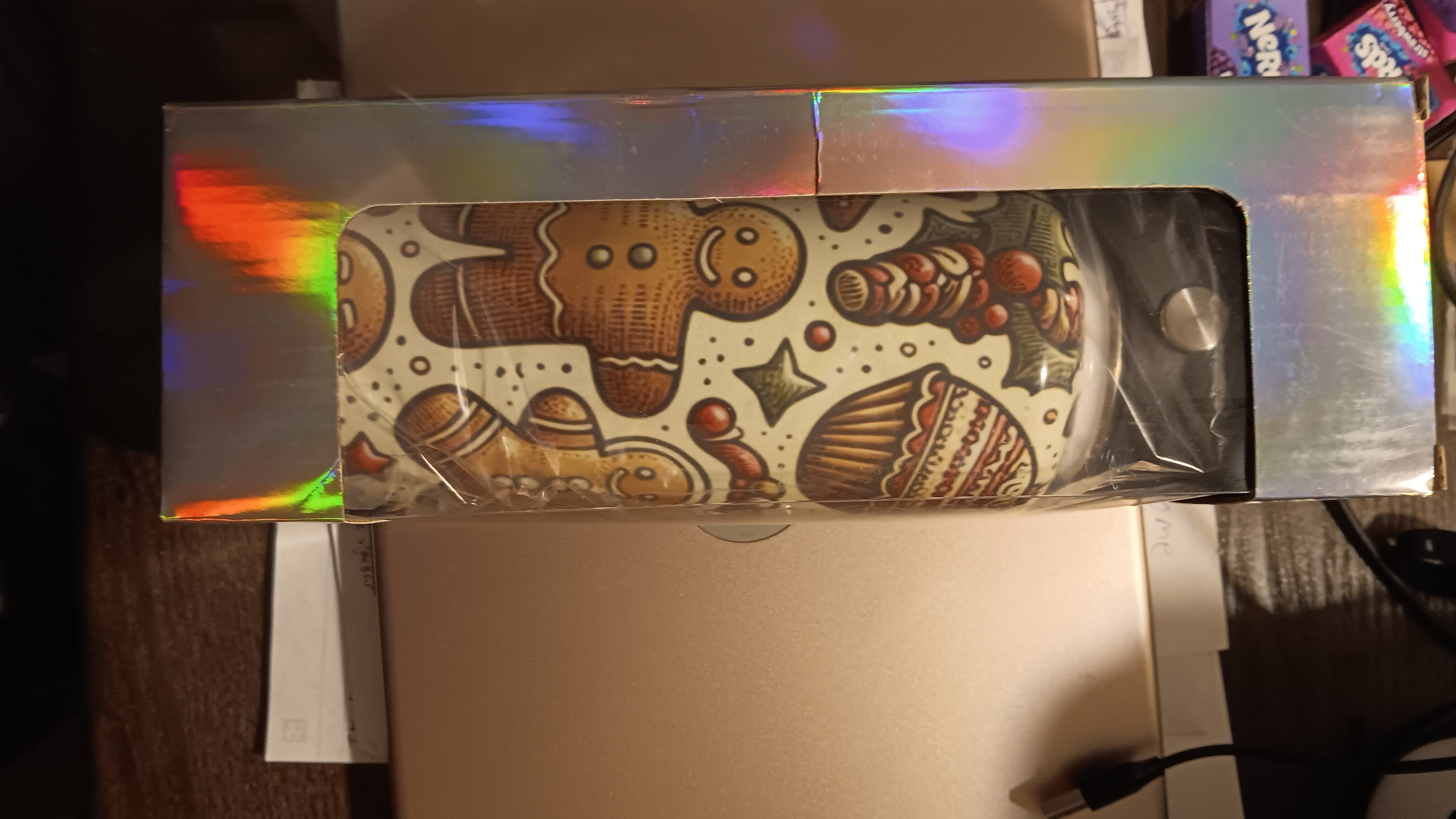 32 oz ginger bread christmas themed Hydro Tumbler with handle, pour spout and a closing straw