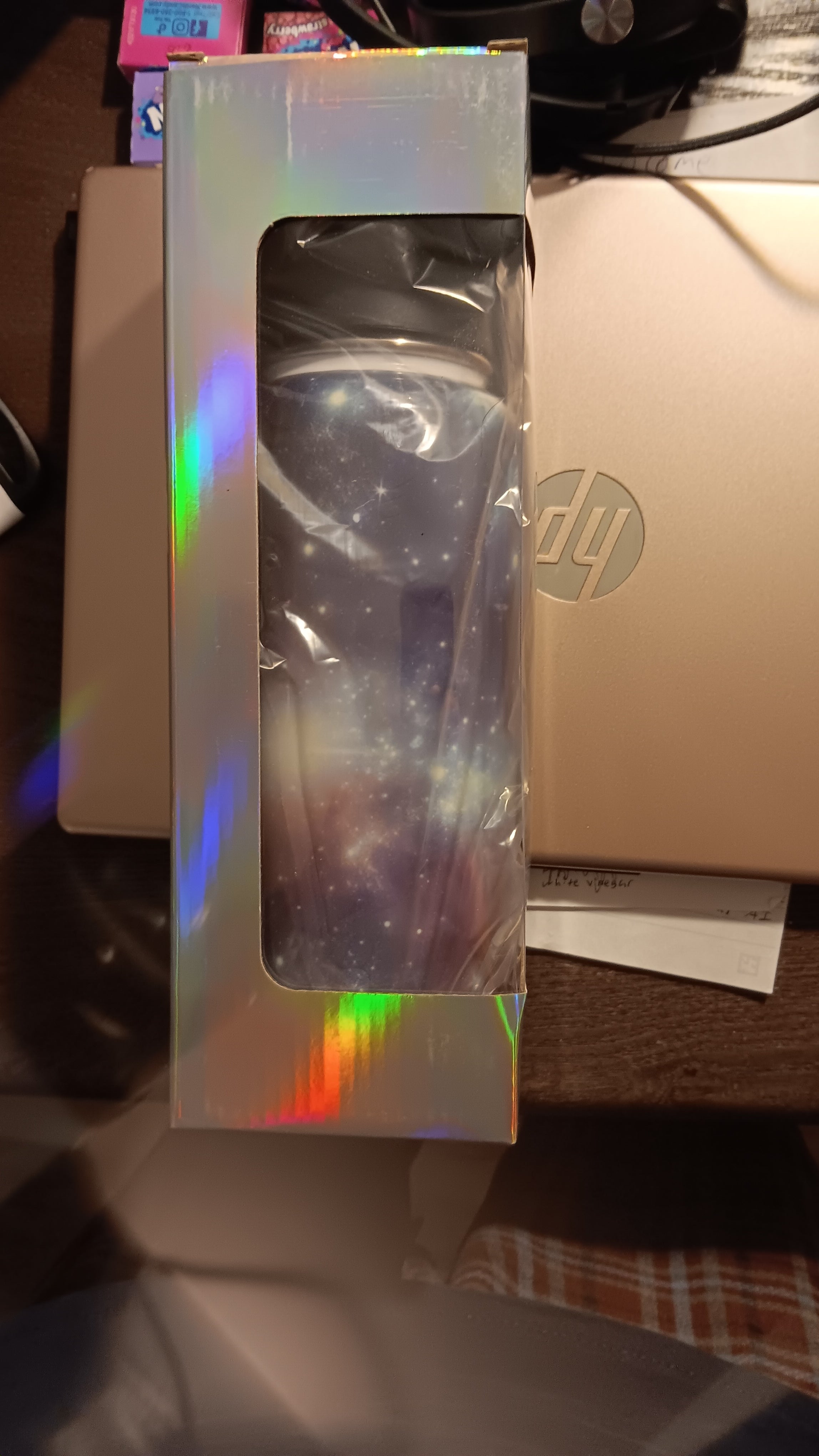 32 oz galaxy themed Hydro Tumbler with handle, pour spout, and closing straw.