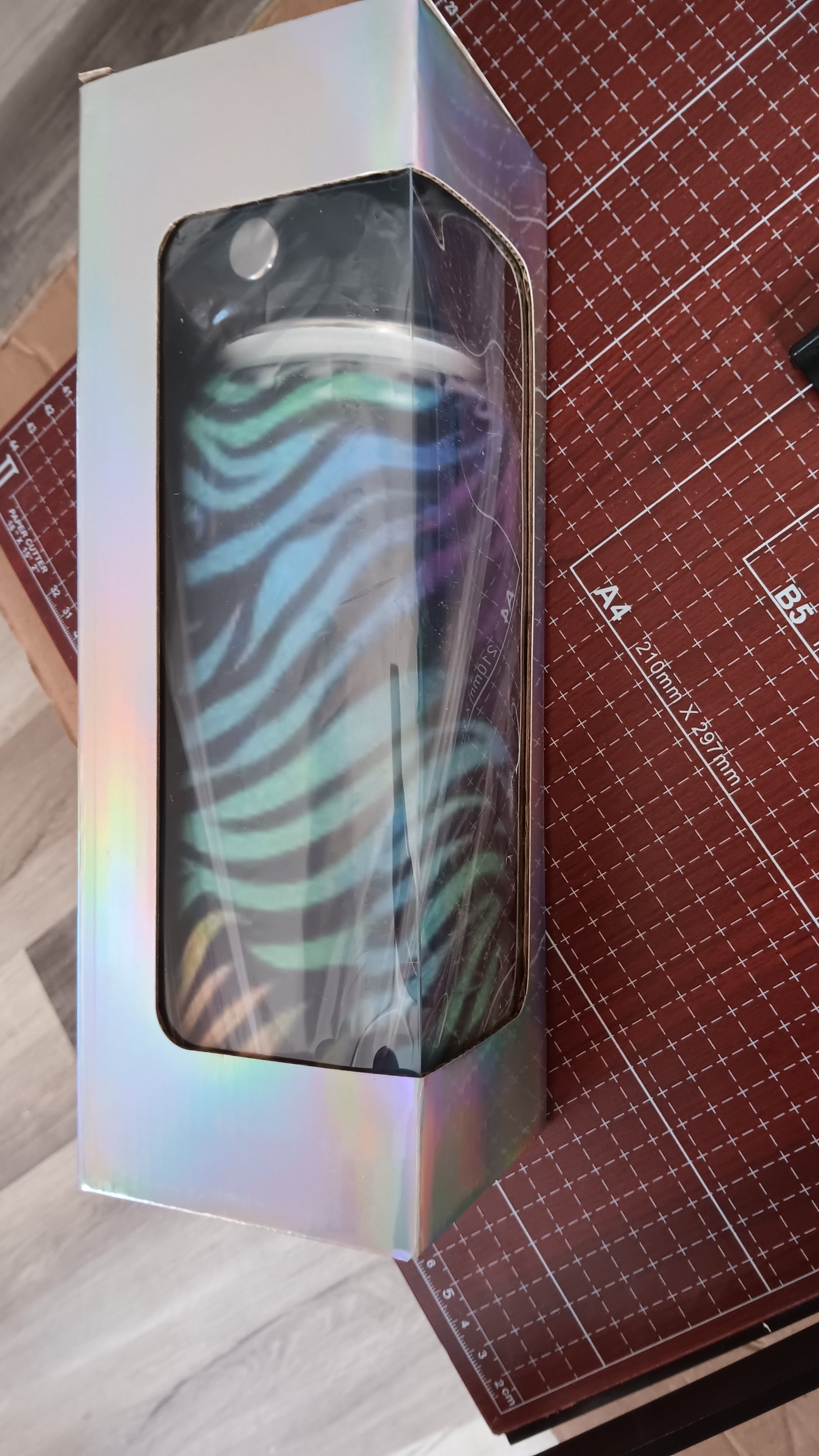 32 oz rainbow zebra print Hydro Tumbler with handle, pour spout, and closing straw